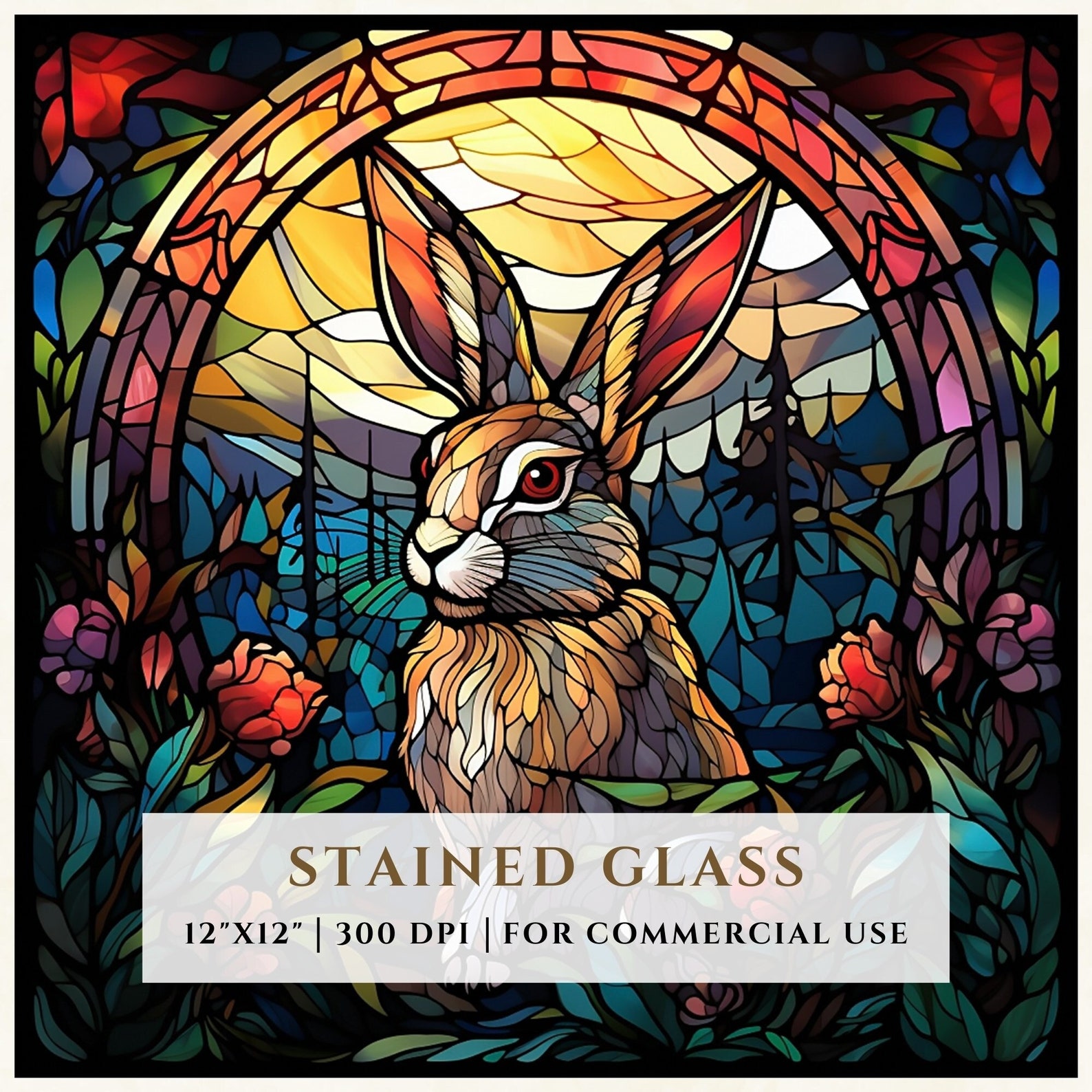 Rabbit Stained Glass Pattern, Sublimation Designs, Stained Glass PNG