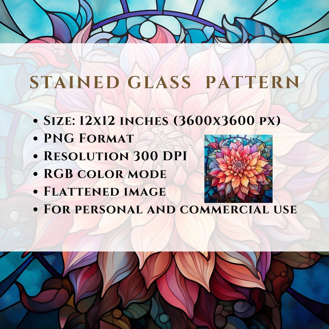 Dahlia Flower Stained Glass Pattern, Sublimation Designs, Stained Glass ...
