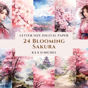 24 Blühende Sakura druckbares digitales Papier Bündel, Aquarell, Japan, Kirschblüte, kommerzielle Nutzung, Junk Journal, Scrapbooking