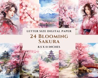 Paquete de 24 papeles digitales imprimibles con flores de cerezo en flor, acuarela, Japón, flores de cerezo, uso comercial, diario basura, álbumes de recortes