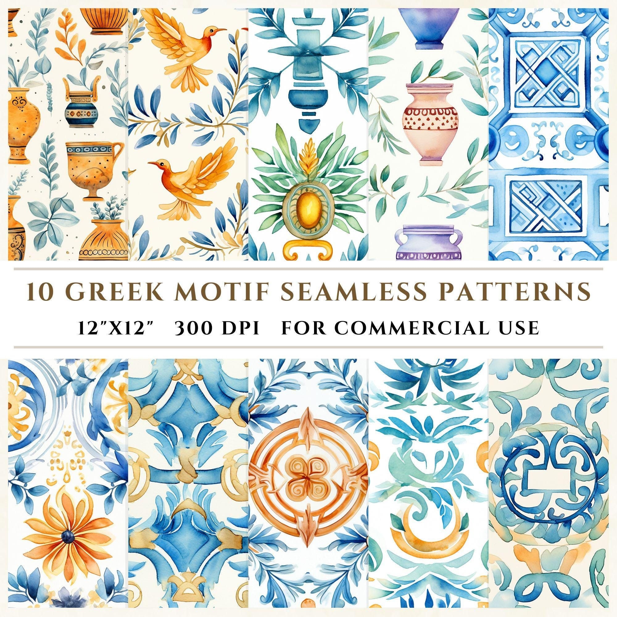 10 Greek Motif Seamless Patterns, Watercolor Style Digital Paper ...