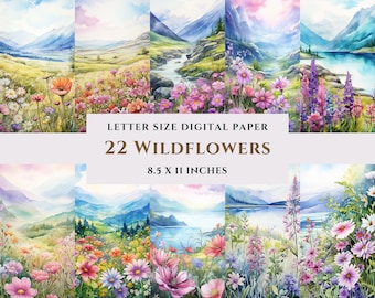 Paquete de papel digital imprimible de 22 flores silvestres, acuarela, tamaño de carta, descarga instantánea, uso comercial, diario basura, scrapbooking