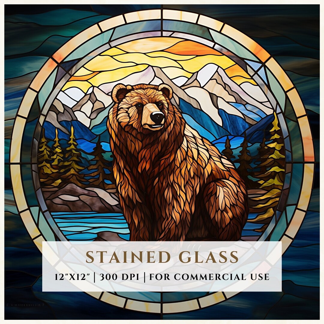 Grizzly Bear Stained Glass Pattern, Sublimation Designs, Stained Glass ...