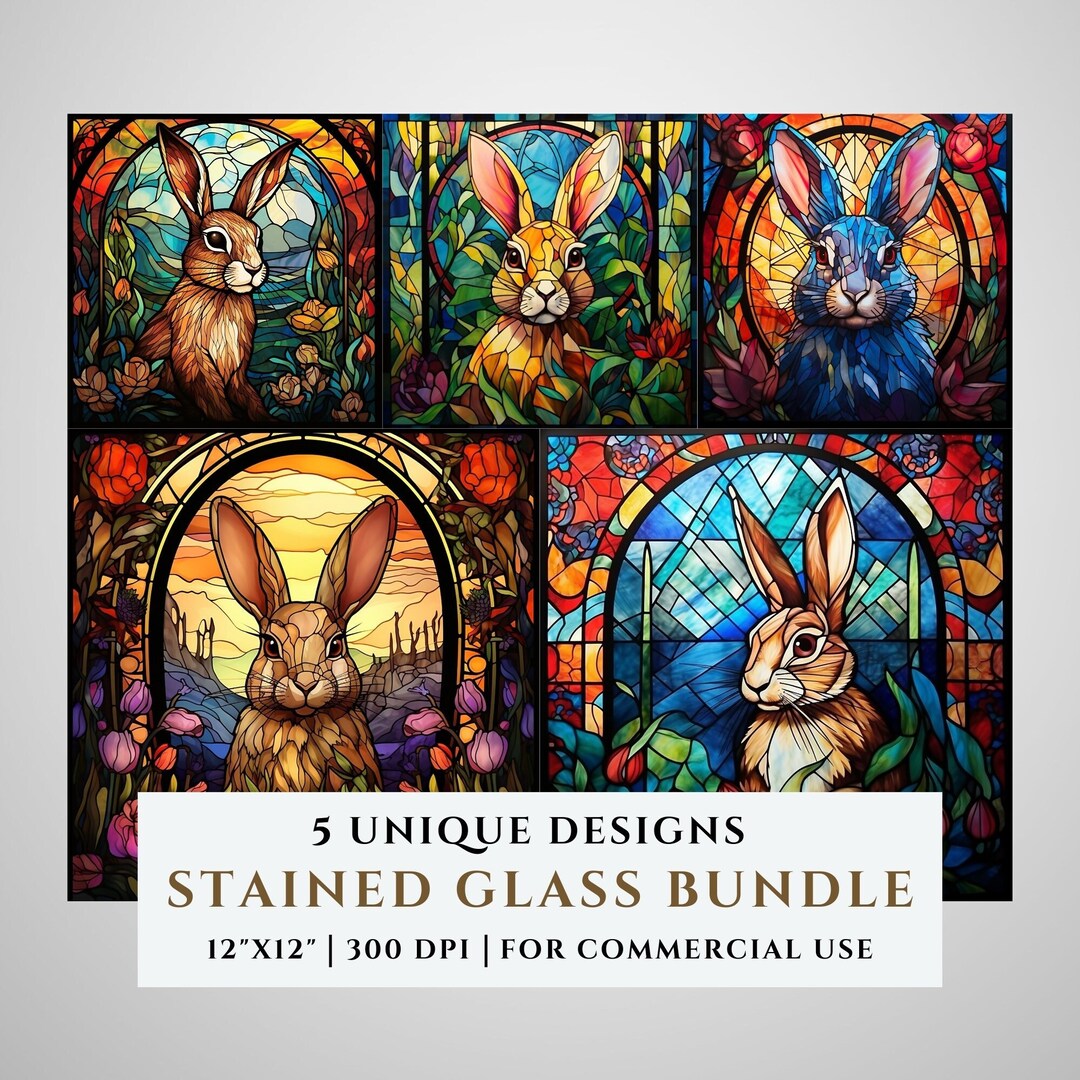 5 Rabbit Stained Glass Pattern Bundle, Sublimation Designs, Stained