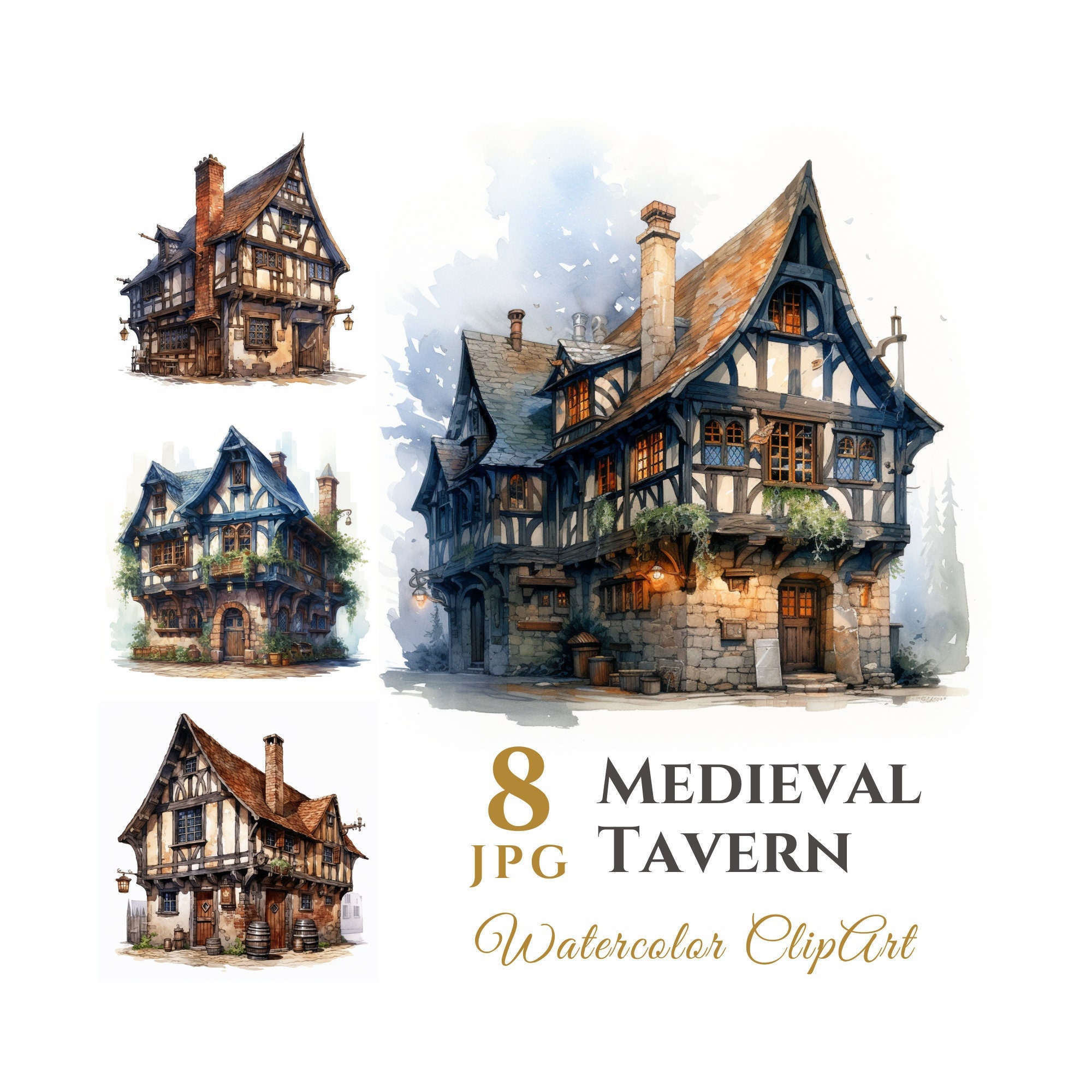 8 Watercolor Medieval Tavern Clipart Bundle, Fantasy Art, Digital High-Resolution Graphics, Instant Download, For Commercial Use
