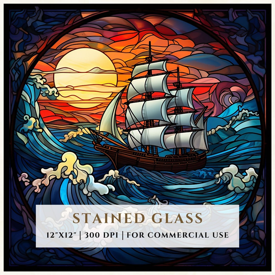 Sailing Ship Stained Glass Pattern, Ocean Waves, Sublimation Designs