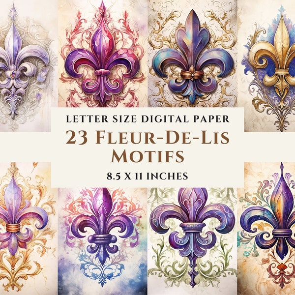 23 Fleur-De-Lis Motifs Printable Digital Paper Bundle, Watercolor, Commercial Use, Junk Journal, Scrapbooking