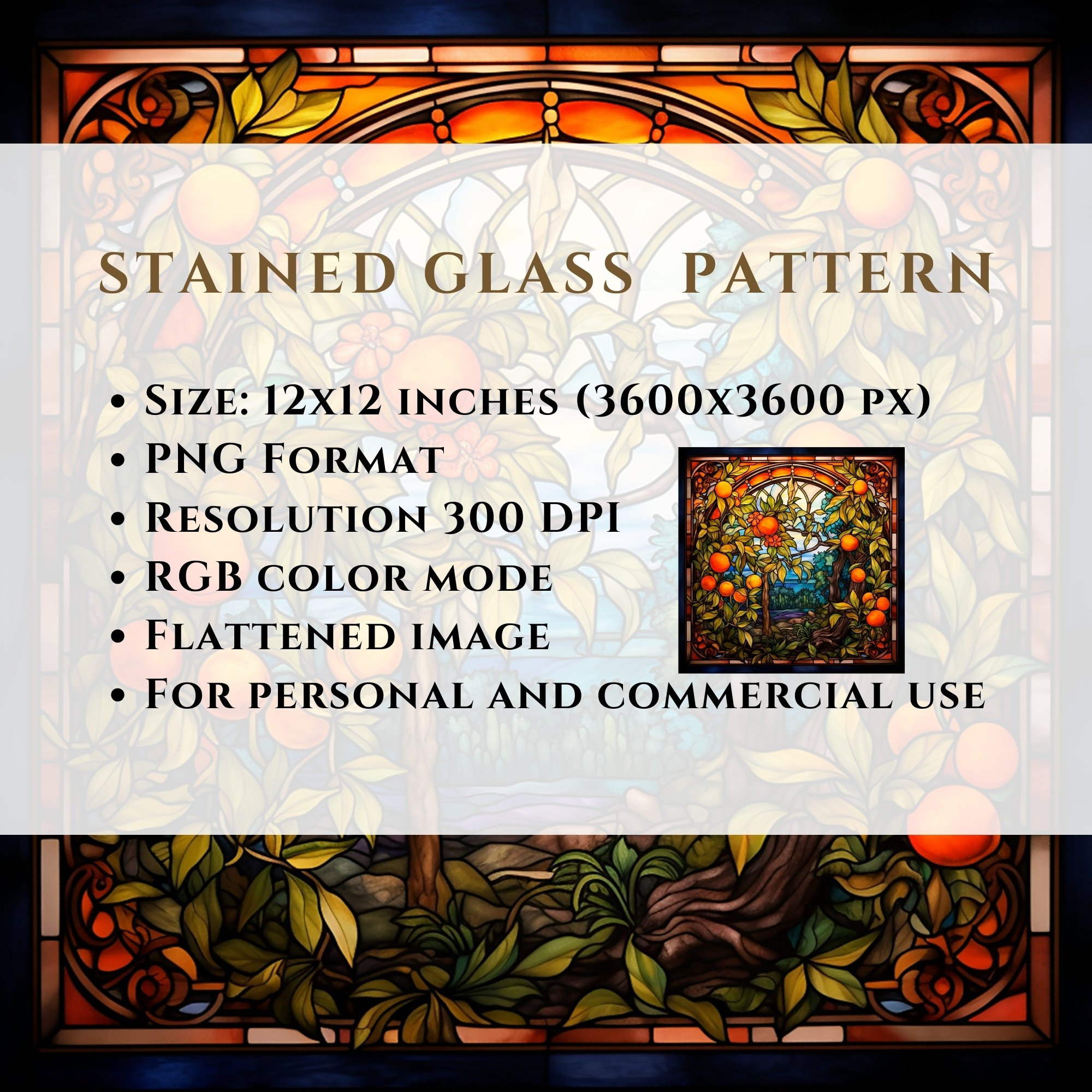 オレンジの木のステンドグラスのパターン、昇華デザイン、ステンド
