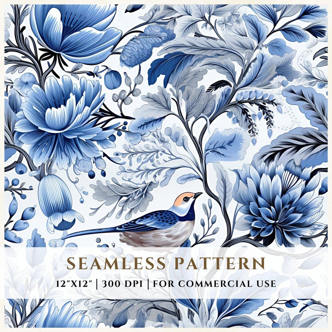 Blue Floral Seamless Pattern Digital Image, Flowers, Bird, Digital File ...