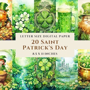 20 St. Patrick's Day-motieven Afdrukbare digitale papierbundel, aquarel, commercieel gebruik, junk Journal, scrapbooking