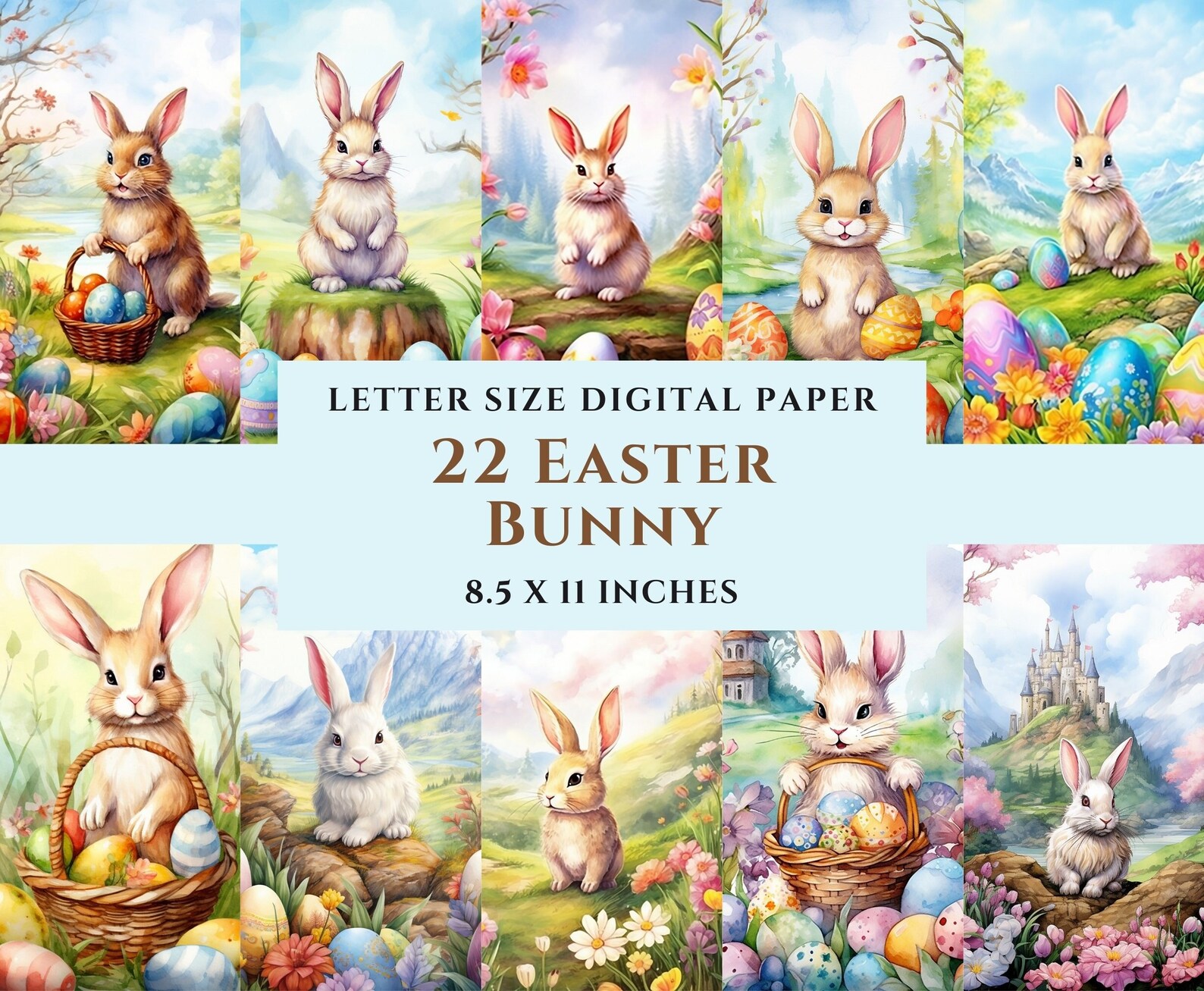 22 Easter Bunny Printable Digital Paper Bundle, Watercolor, Commercial ...