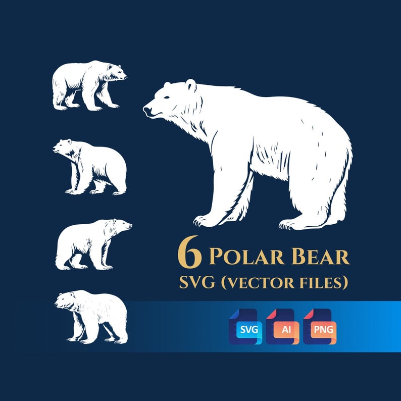 6 Polar Bear Svg Vector Clipart Bundle, Transparent Background, Instant