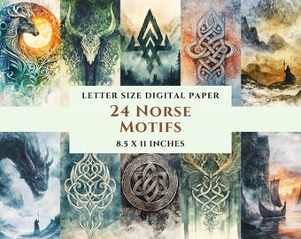 Paquete de 24 papeles digitales imprimibles con motivos nórdicos, acuarela, uso comercial, diario creativo, scrapbooking