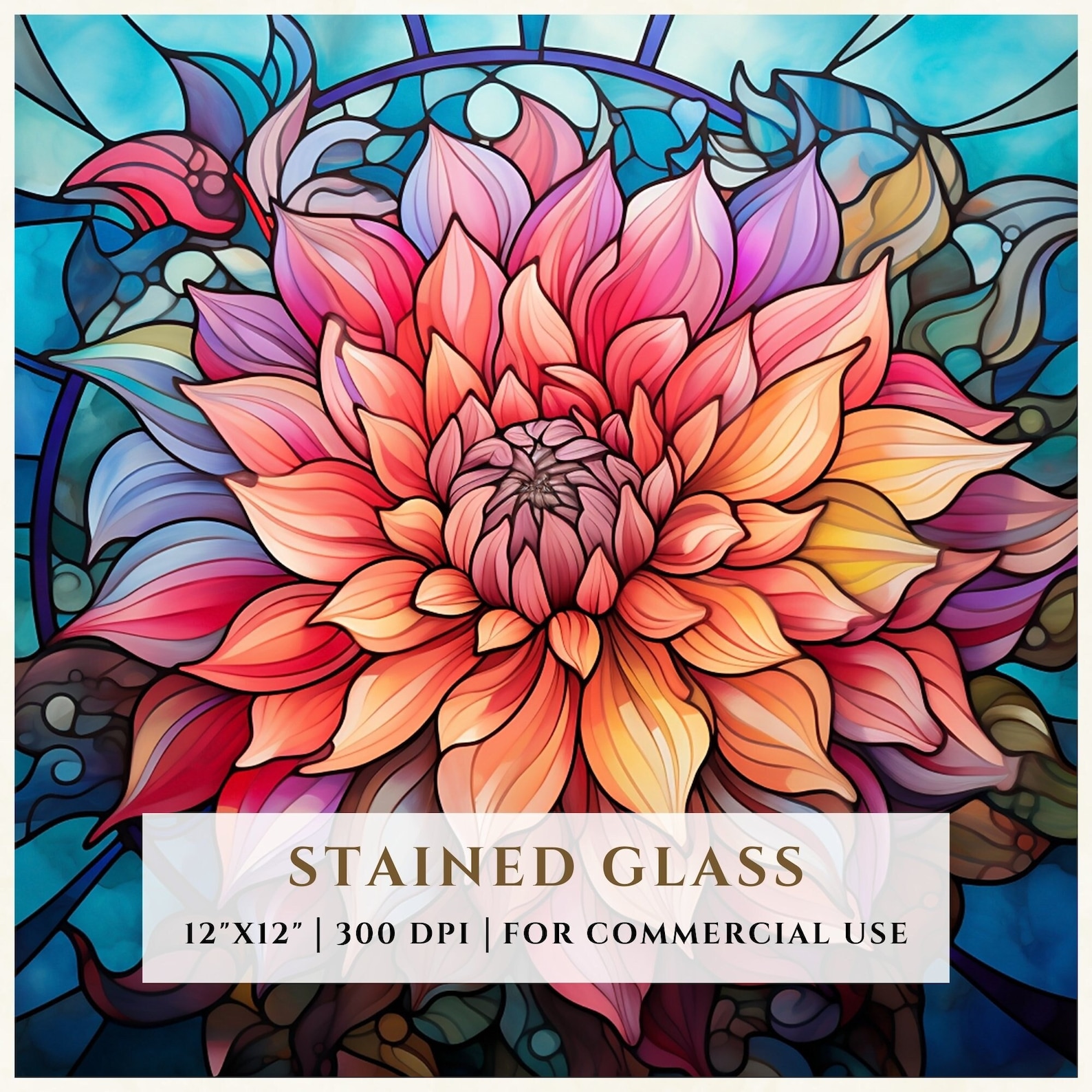 Dahlia Flower Stained Glass Pattern, Sublimation Designs, Stained Glass ...