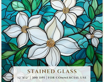 ジャスミンの花のステンドグラス模様、昇華デザイン、ステンドグラスPNG、フェイクステンドグラス、デジタルファイル、商用利用