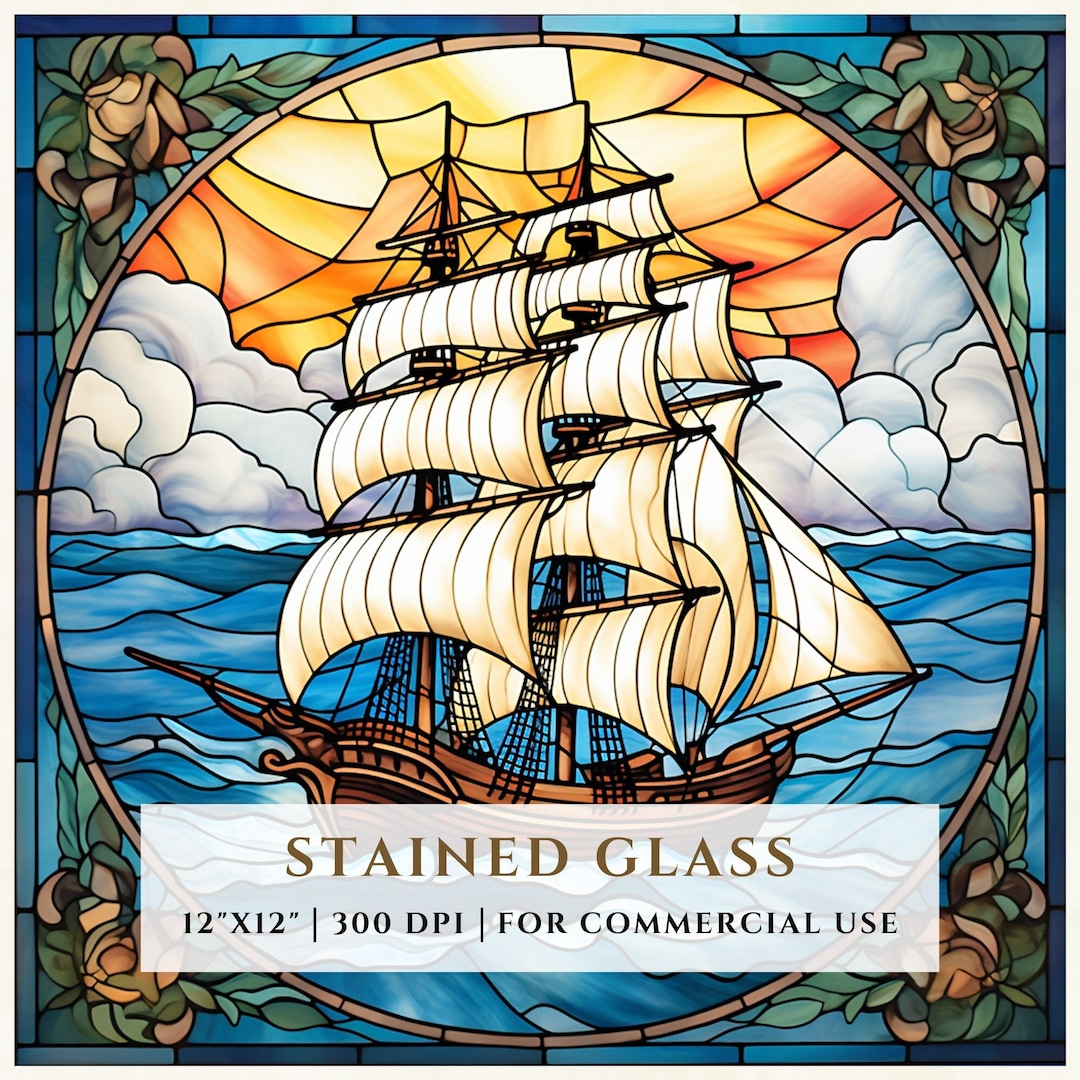Sailing Ship Stained Glass Pattern, Ocean Waves, Sublimation Designs, Stained Glass PNG, Faux