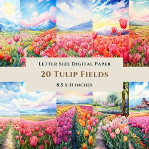 20 Tulpenfelder druckbares digitales Papier Bundle, Aquarell, Sofort Download, Kommerzielle Nutzung, Junk Journal, Scrapbooking