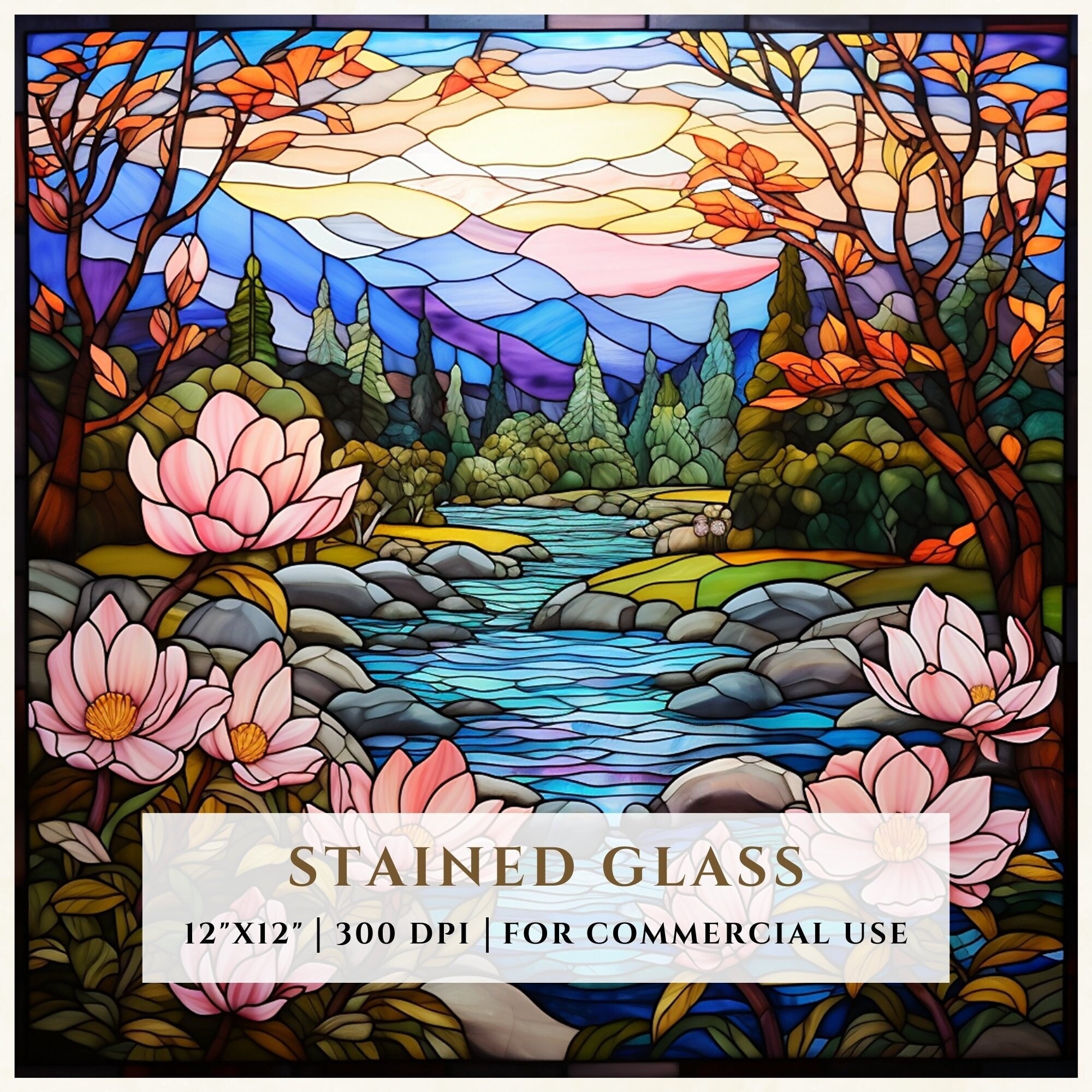Spring Scenery Stained Glass Pattern, Mountains Landscape, Sublimation ...