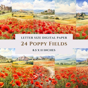 Lot de 24 champs de coquelicots imprimables en papier numérique, aquarelle, téléchargement immédiat, usage commercial, journal indésirable, scrapbooking