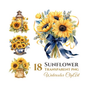 18 Watercolor Sunflower Floral Clipart Bundle, Digital Download PNG Files, Transparent Background, For Commercial Use