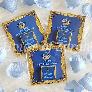 Personalised Luxury Blue Gold Prince Royal Crown Favour Card Gift Chocolates