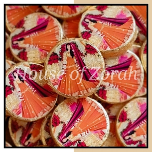 SOLD AS SEEN Orange Pink Mehndi Henna Bride Illustration Wedding Favour Mint Chocolate Gift, Size 3cm