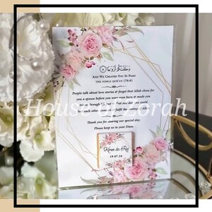 Pochette personnalisée A6 en or rose florale islamique prière hadith de mariage faveur de chocolat jeton