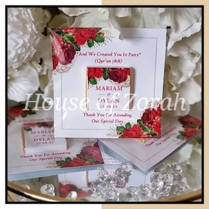 Personalised Red Rose Floral Gold Chocolate Wedding Favour Card Gift Party Pouch