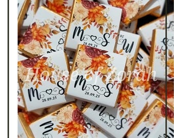 Personalised Deep Orange Floral Autumn Wedding Party Favour Milk Chocolates Gift Size: 3cm x 3cm