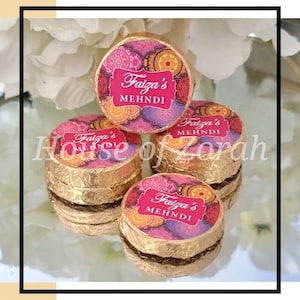 Personalised Colourful Pink Paisley Henna Wedding Party Favour Dark Mint Chocolates Crisps, Size 3cm