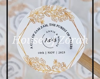 Personalised Gold & White Floral Wedding Party Round Stickers Labels Zam Zam Size 5cm