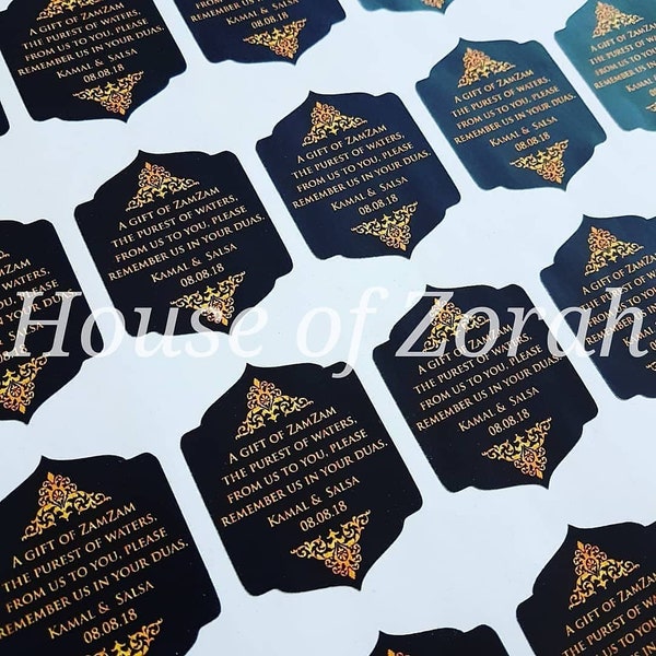 Personalised Luxury Black and Gold Party Wedding Favour Thank Zam Zam Stickers Size: 38mm x 50mm