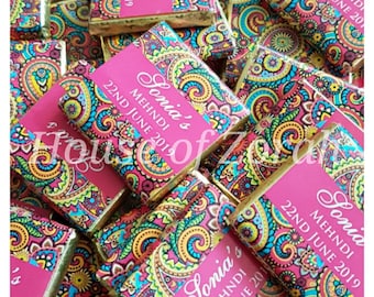 Personalised Colourful Pink Paisley Henna Wedding Party Favour Chocolates Gift, Size 3cm x 3cm