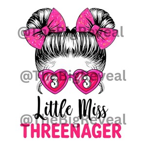 May include: A graphic design featuring a stylized illustration of a girl's hairstyle with pink bows and heart-shaped glasses. The glasses display the number 3. The text reads "Little Miss Threenager" in black and pink.