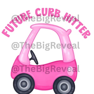 Può includere: Un'auto rosa dei cartoni animati con ruote nere e un volante nero. Il testo "FUTURE CURB HITTER" è arcuato sopra l'auto in rosa. L'immagine ha uno sfondo bianco.