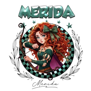 May include: Illustration of Merida from the movie Brave. The image features Merida with red curly hair, a green bow, and a green dress. The word "Merida" is written above the character in a teal, bubble-style font. The image is surrounded by a black and white floral wreath.