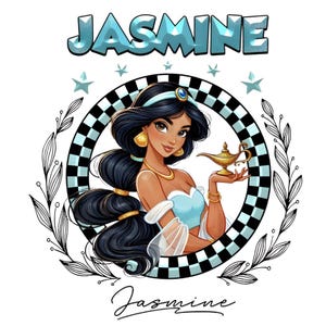 Puede incluir: Ilustración de la princesa Jasmine de Aladdin, sosteniendo una lámpara dorada. La imagen presenta un círculo a cuadros en blanco y negro, estrellas y el nombre "Jasmine" en una fuente estilizada. Una corona floral rodea la imagen.