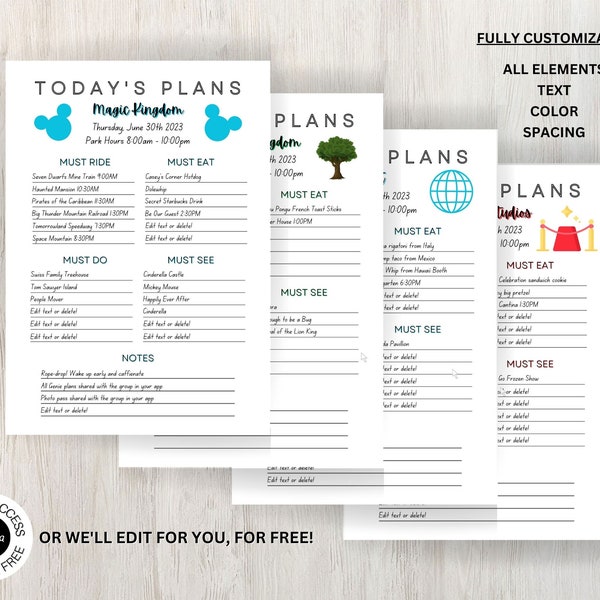 Editable Theme Park Trip Planner | Daily Park Plans Organization for Digital OR Print use! Travel Planner Orlando Trip | Wdw daily Itinerary