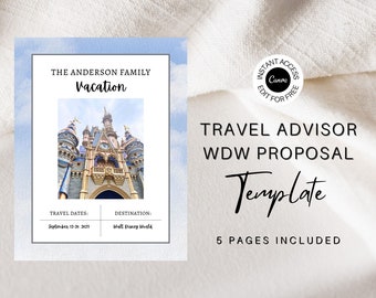 Könnte beinhalten: Eine druckbare Vorlage für einen Reiseberater-Vorschlag für Walt Disney World. Die Vorlage verfügt über einen blauen Aquarellhintergrund mit einem Foto von Schloss Aschenputtel. Der Text "THE ANDERSON FAMILY Vacation" befindet sich oben auf der Seite. Der Text "TRAVEL DATES: September 12-20 2023" und "DESTINATION: Walt Disney World" befindet sich unten auf der Seite. Der Text "TRAVEL ADVISOR WDW PROPOSAL Template 5 PAGES INCLUDED" befindet sich unten auf der Seite.