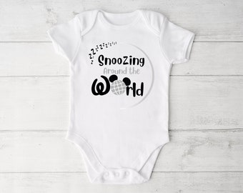 Snoozing Around The World Baby Onsie | Theme Park Infant Disney Baby Gift | Disney Infant Bodysuit | Epcot Family Shirts | Baby Apparel