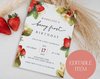 Berry premier anniversaire Invitation aquarelle fraise Invitation, fraise anniversaire modifiable modèle numérique, téléchargement immédiat - ECSB01