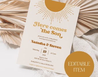Bearbeitbare Baby Shower Einladung, Retro Sun Baby Shower Template, Here Comes the Sun, Instant Download - ECHCTS