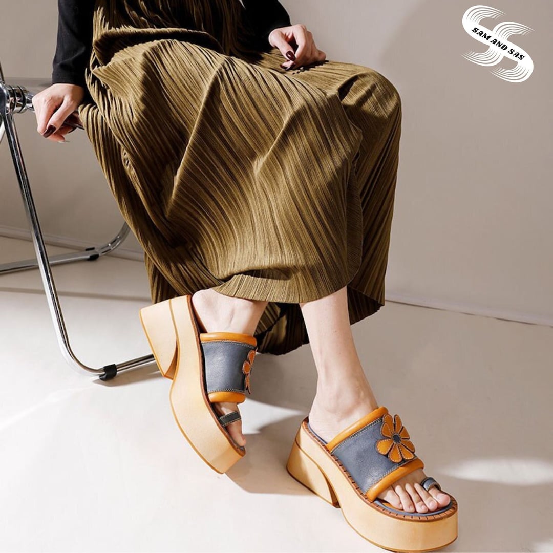 Ladies Leather Slippers Retro Summer Wedges Slides Leather Etsy