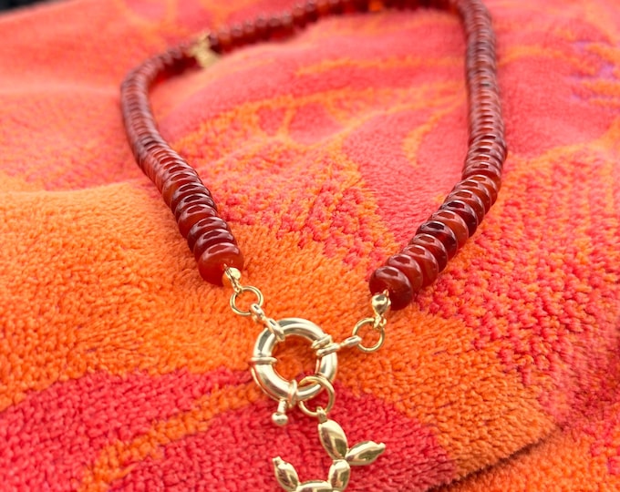Agate Bead Necklace with Gold Balloon Dog Charm – Handmade Boho Statement Jewelry