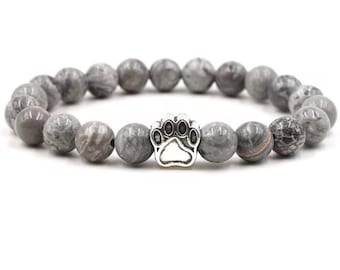 Natural Stone Pet Memorial Bracelet with Silver Paw Charm