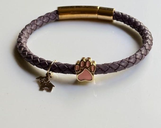 Braided Leather Paw Print Bracelet: Gold-Plated Charm, Adjustable
