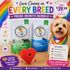 May include: A Pride Month bundle for dogs featuring two bags of pet food, one Beef & Berries jerky and one Wild Caught Salmon jerky, a red heart-shaped chew toy, and a light-colored dog wearing a rainbow-colored bandana with a white heart.