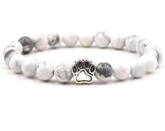 Pet Memorial Natural Stone Bracelet w/ Silver Paw Print Charm