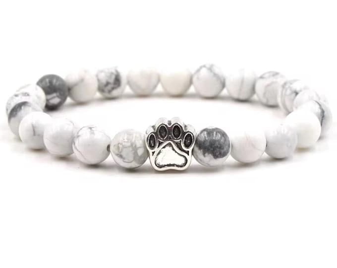Pet Memorial Natural Stone Bracelet w/ Silver Paw Print Charm