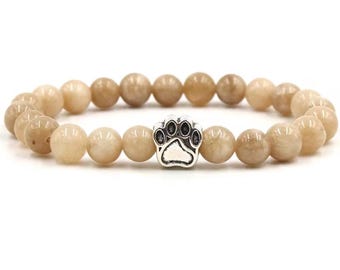 Pet Memorial Natural Stone Bracelet w/ Silver Paw Print Charm